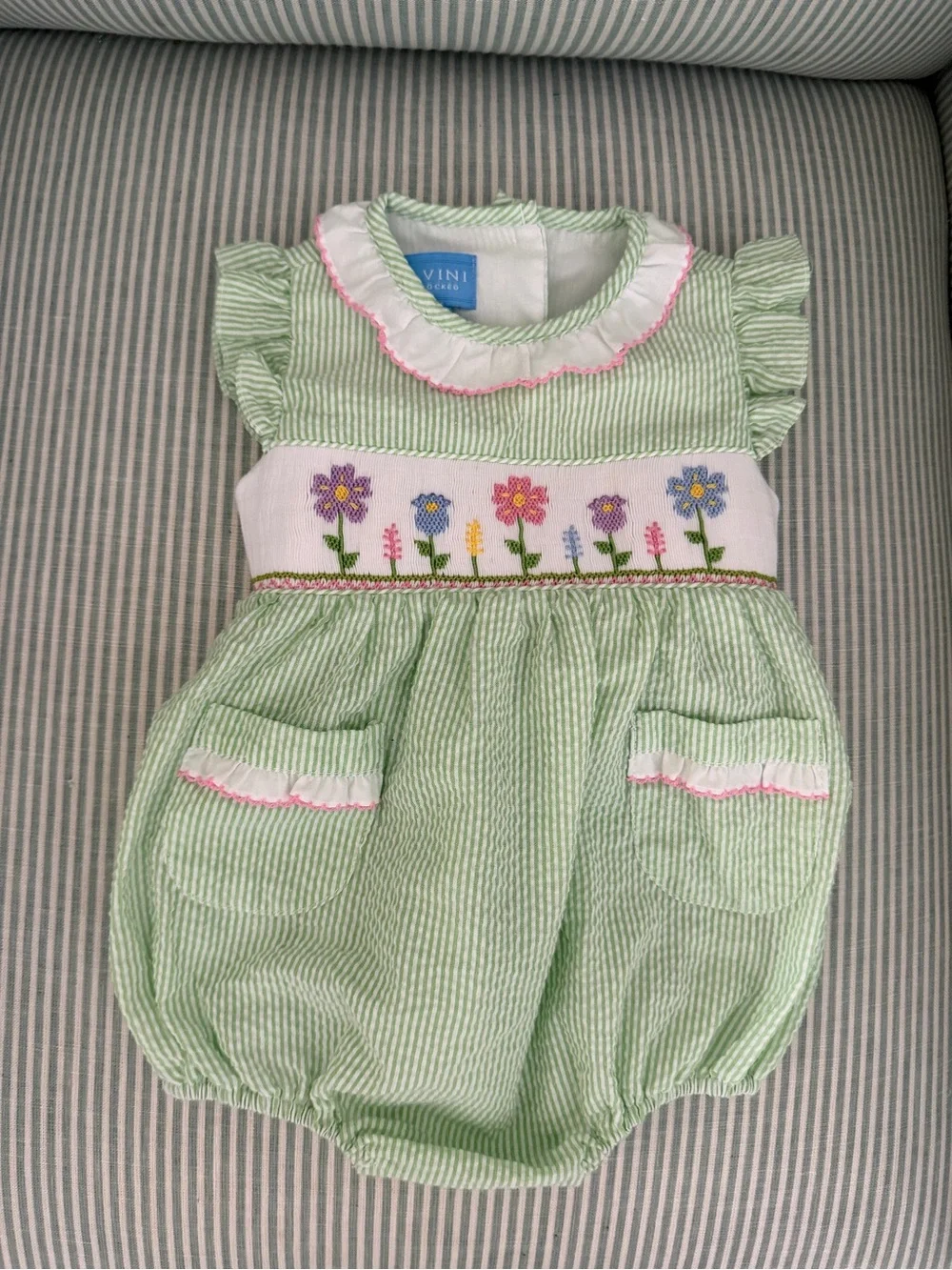 Anavini Baby Green Floral Embroidered Cotton Romper - 9M